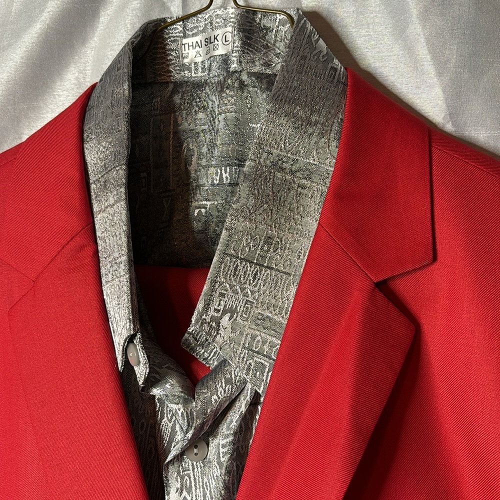 YFFUSHI Slim Fit Two Piece One Button Suit Red, With THAI SILK Shirt Like New